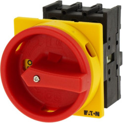 EATON MAIN SWITCH - 110198 - P1-32/E/SVB - Main switch, P1, 32 A, flush mounting, 3 pole, Emergency switching off function, With red rotary handle and yellow 